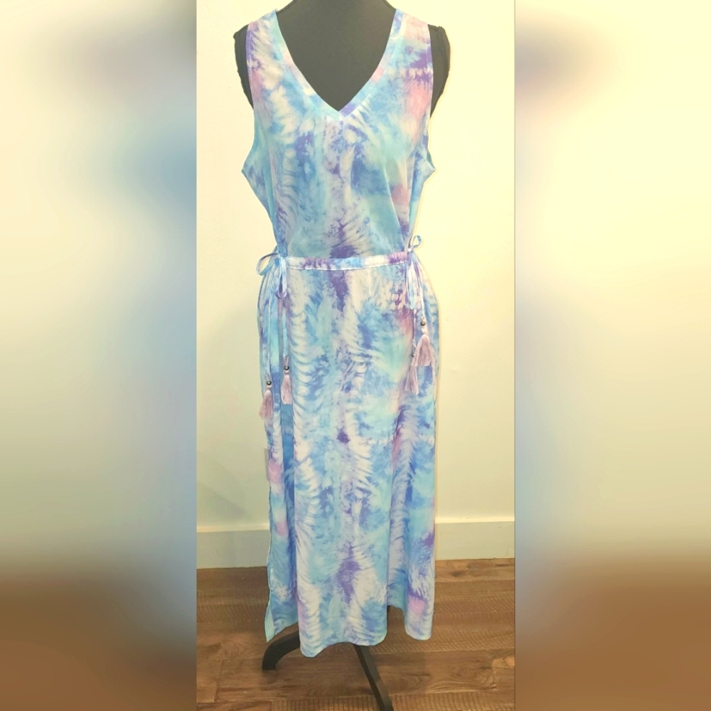 Apana Blue and Purple Sundress Sleeveless Crew Neck Resort Wear
